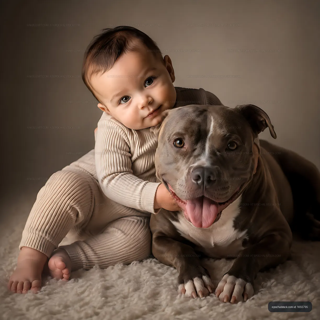 Baby sits with dog on soft rug in bright room