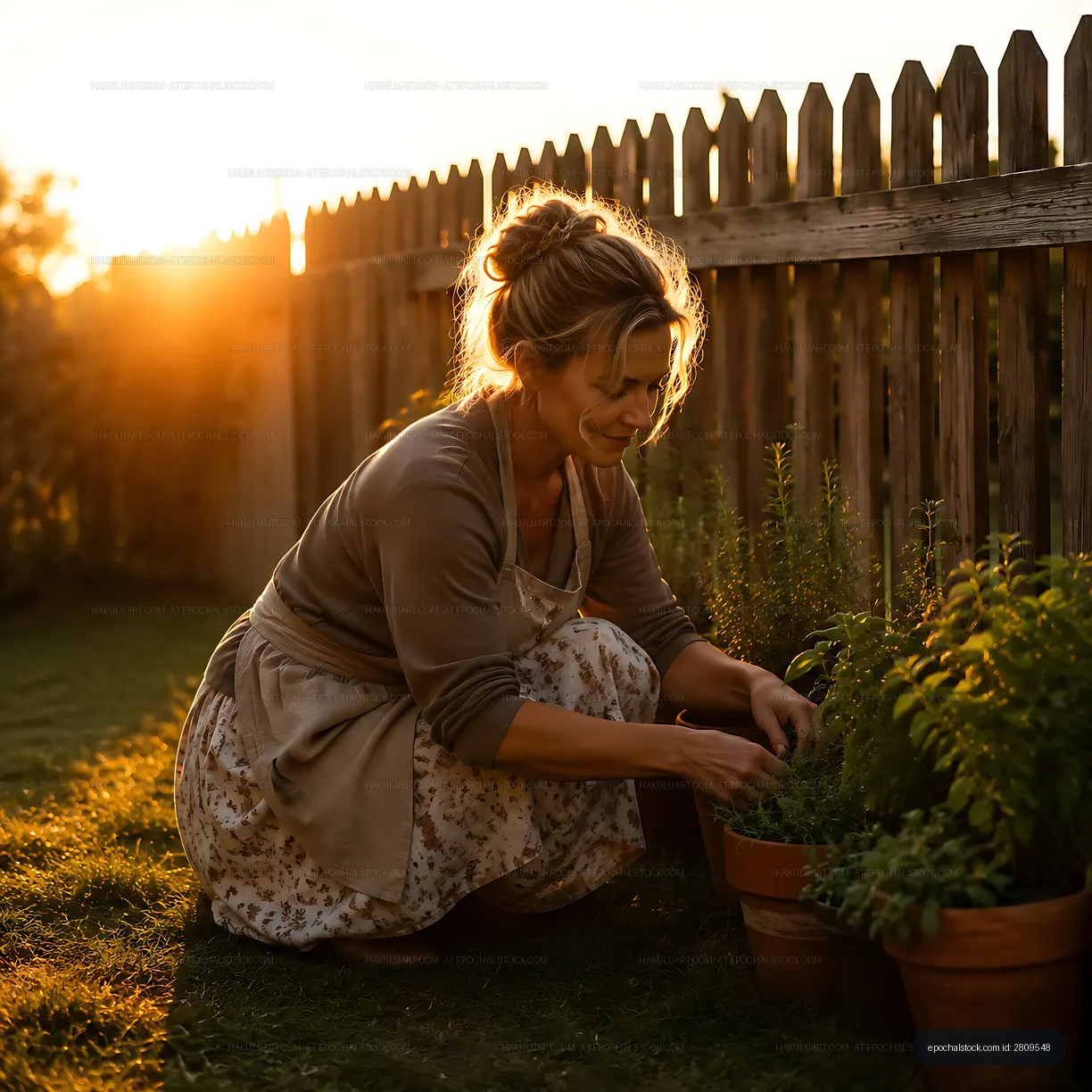 Woman tending to plants in garden during sunset