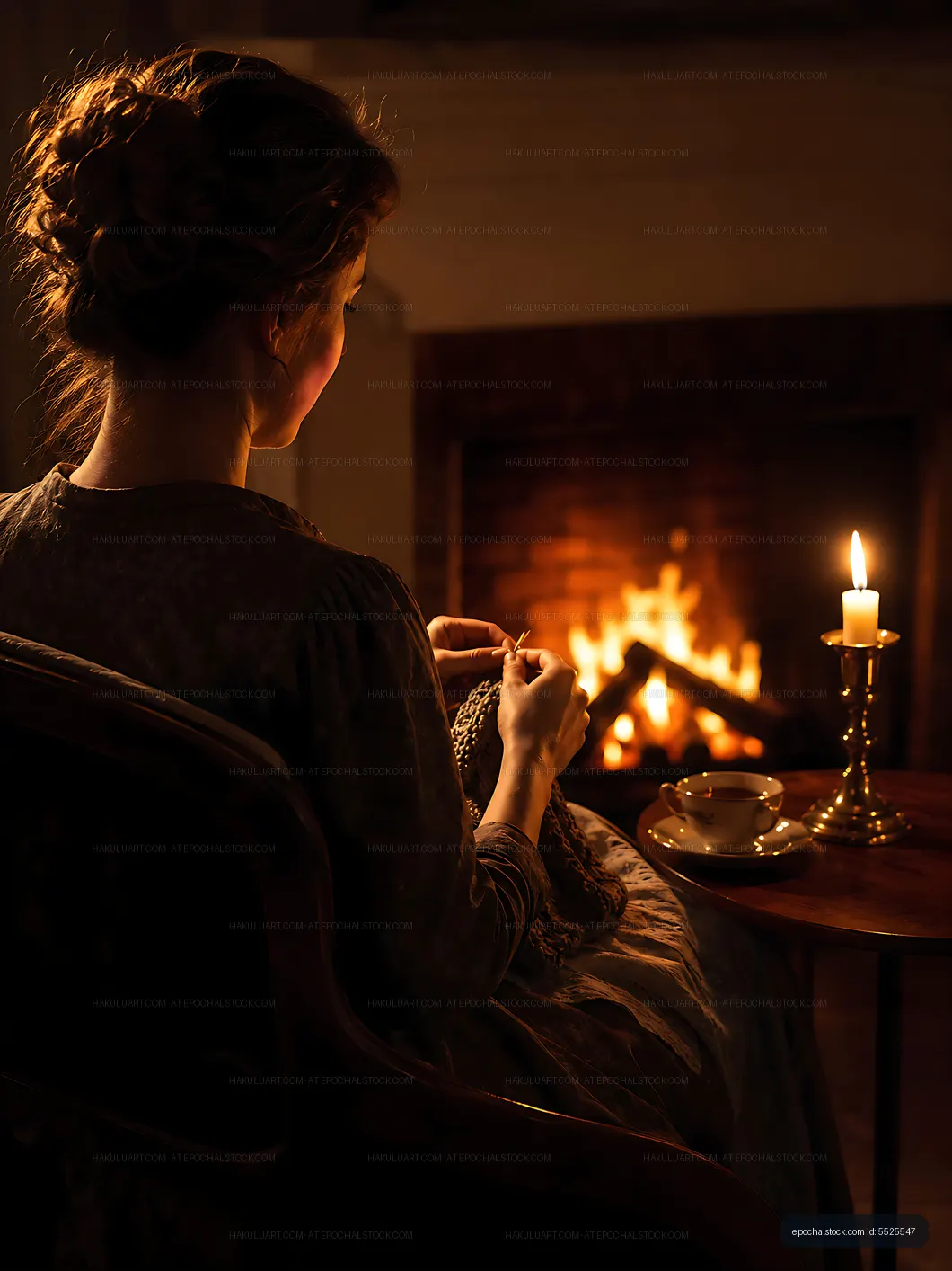 Woman knitting by a candlelit fire in a cozy setting
