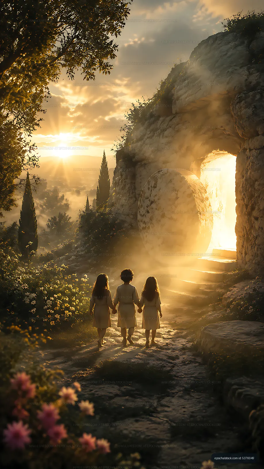 Children walking toward a bright light in a misty garden