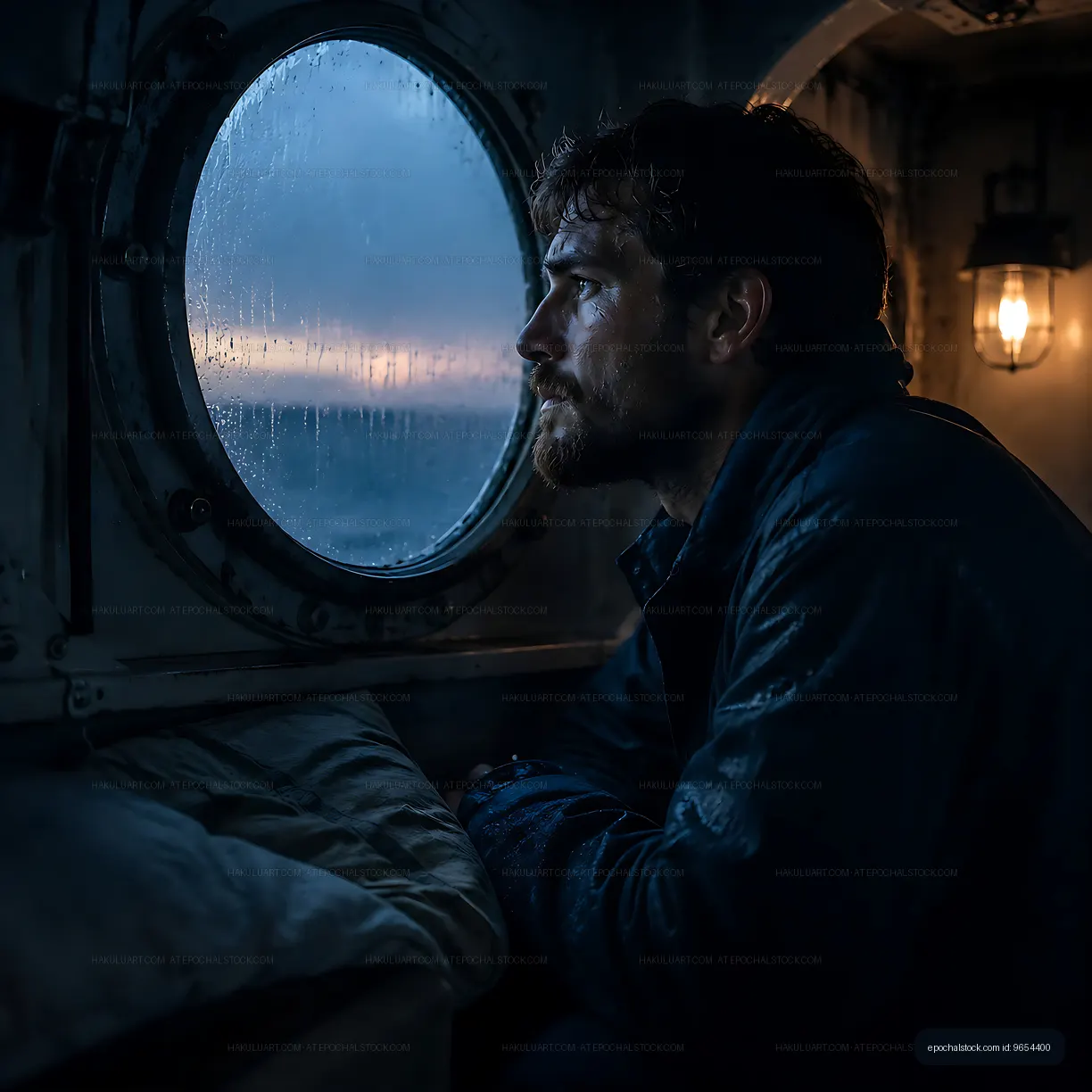 Man looking out of ship window during stormy weather
