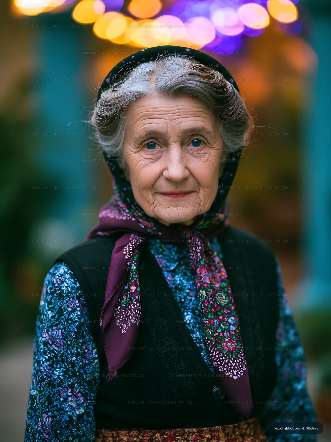 Elderly woman with scarf standing outdoors at dusk