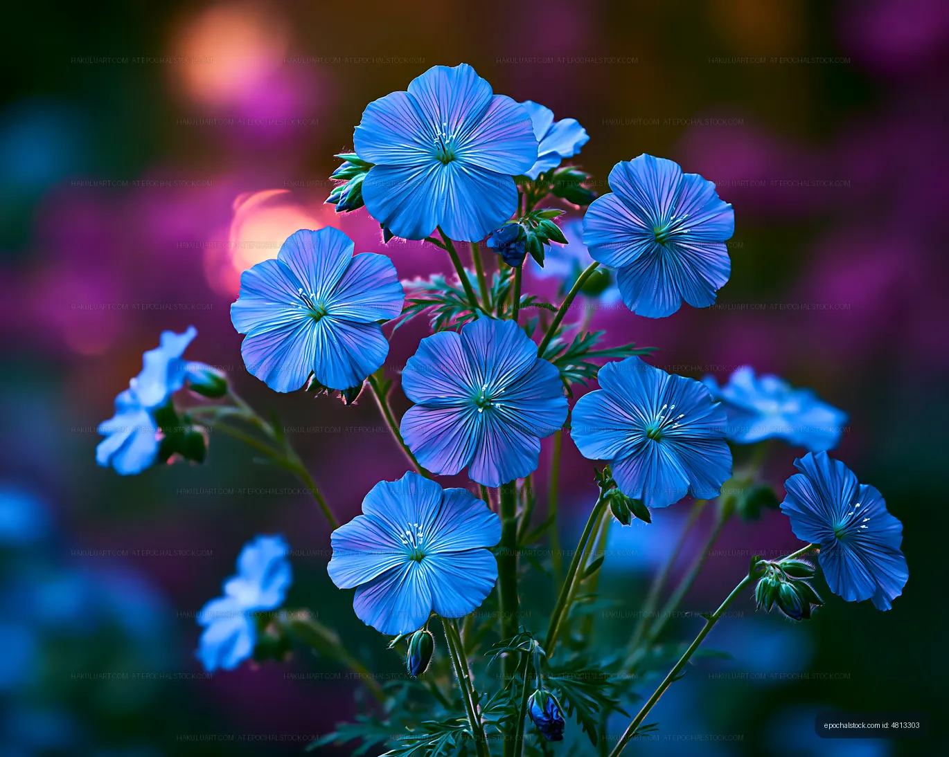 Blue flowers with a glow in a garden at dusk