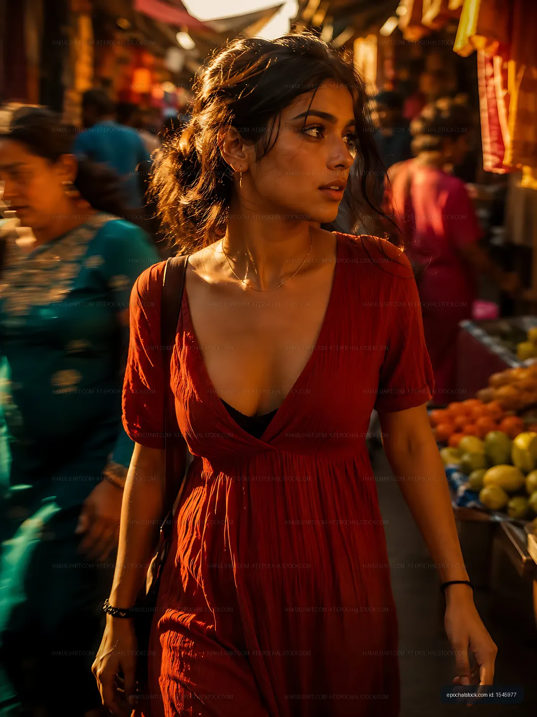 Woman walking through a busy market in warm afternoon light