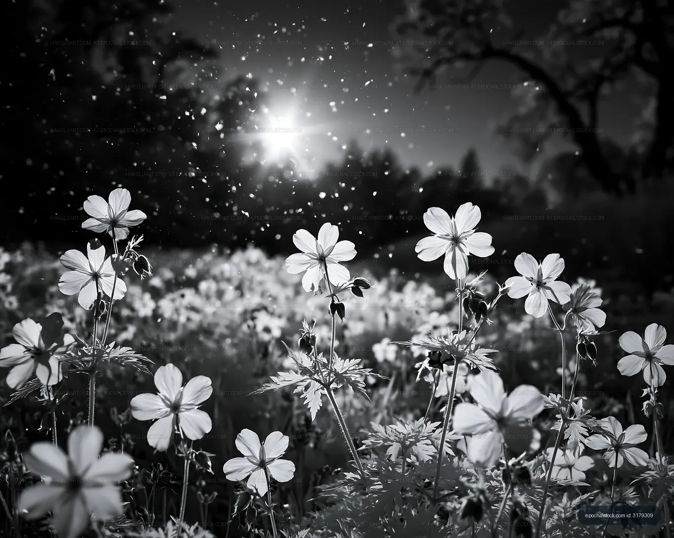 Black and white flowers with sunlight in a field at dusk