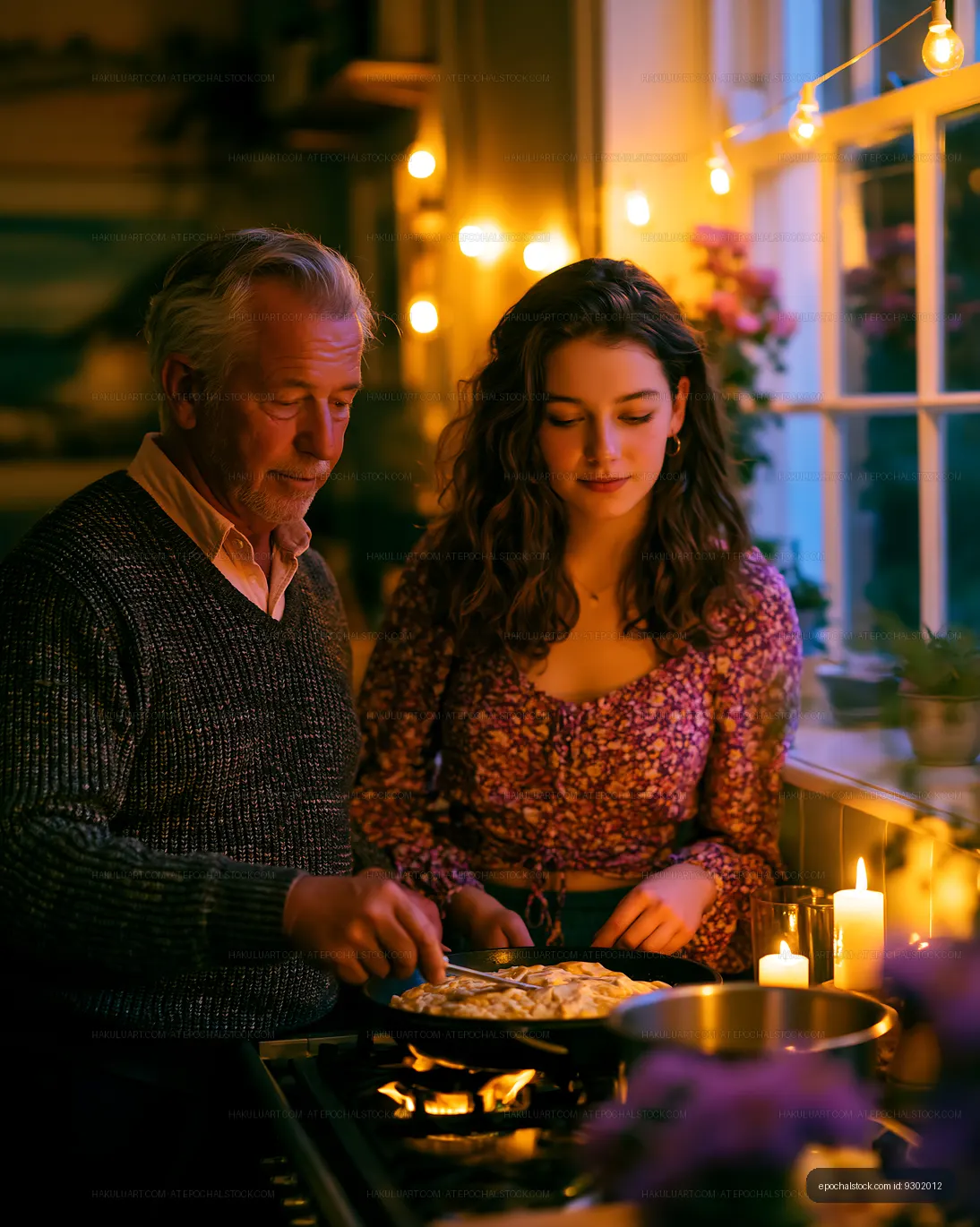 Cooking together in a warm kitchen during evening hours