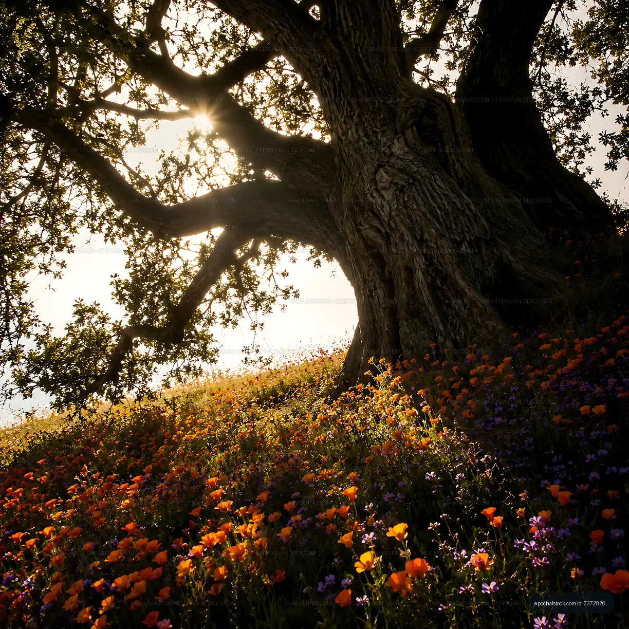 Sunlight filtering through a large tree over a field of wildflowers