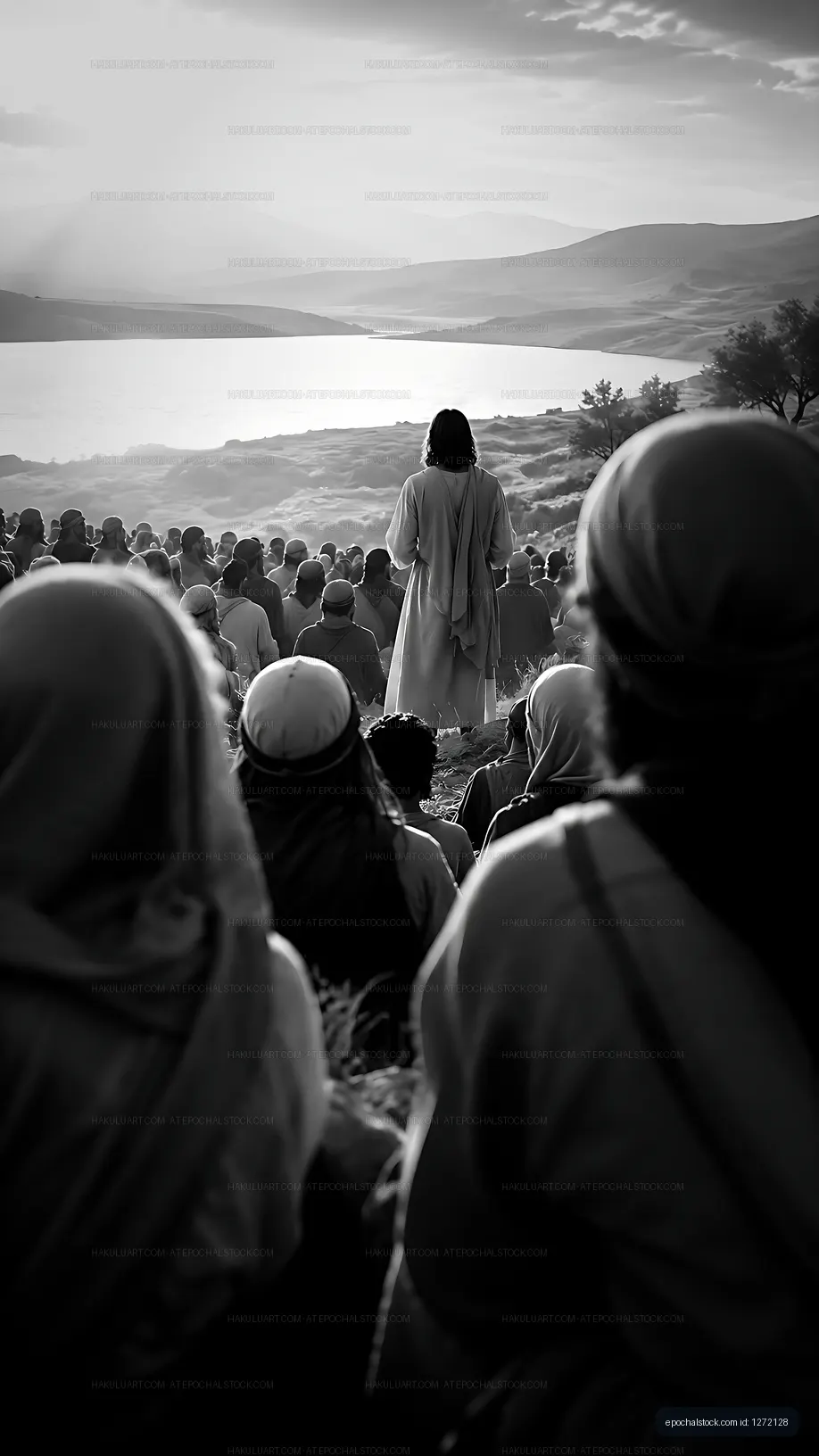 Speech by a leader in front of a large crowd near a lake