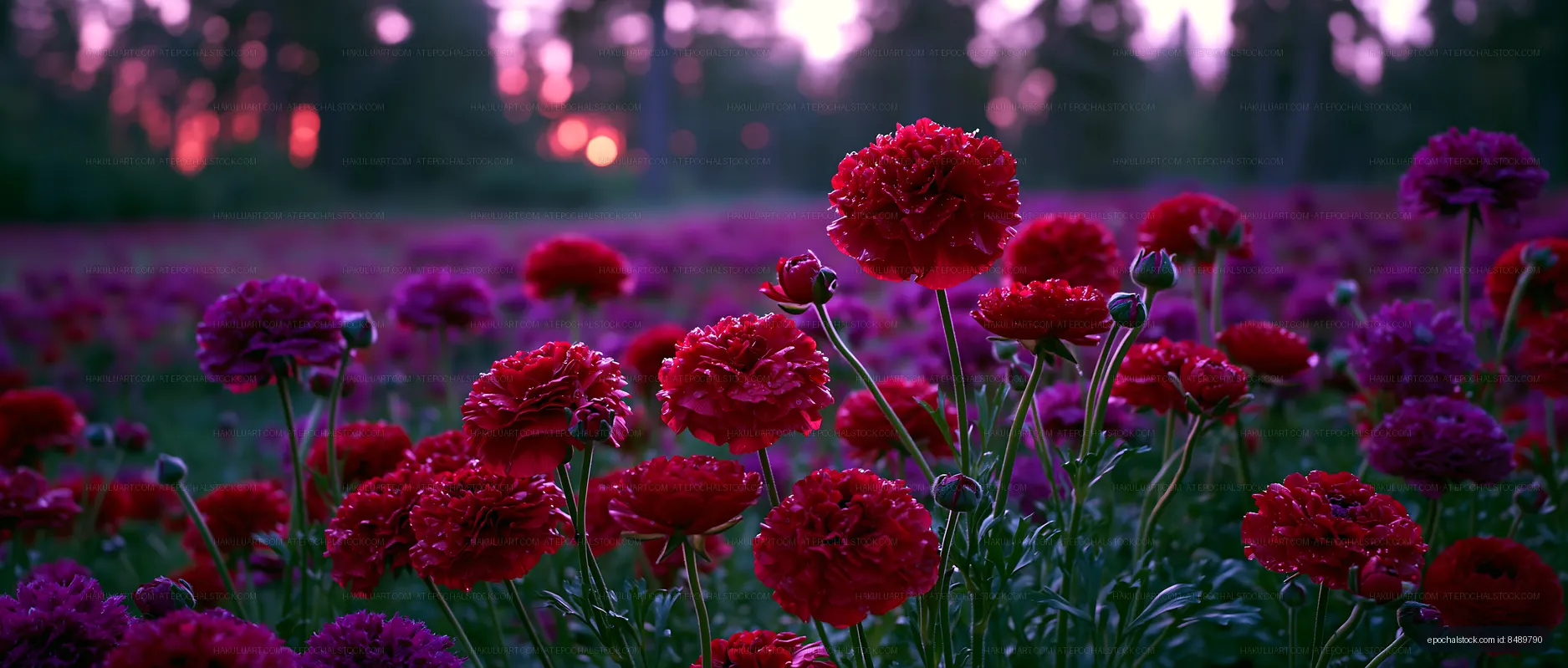 Vibrant flowers in a field during sunset