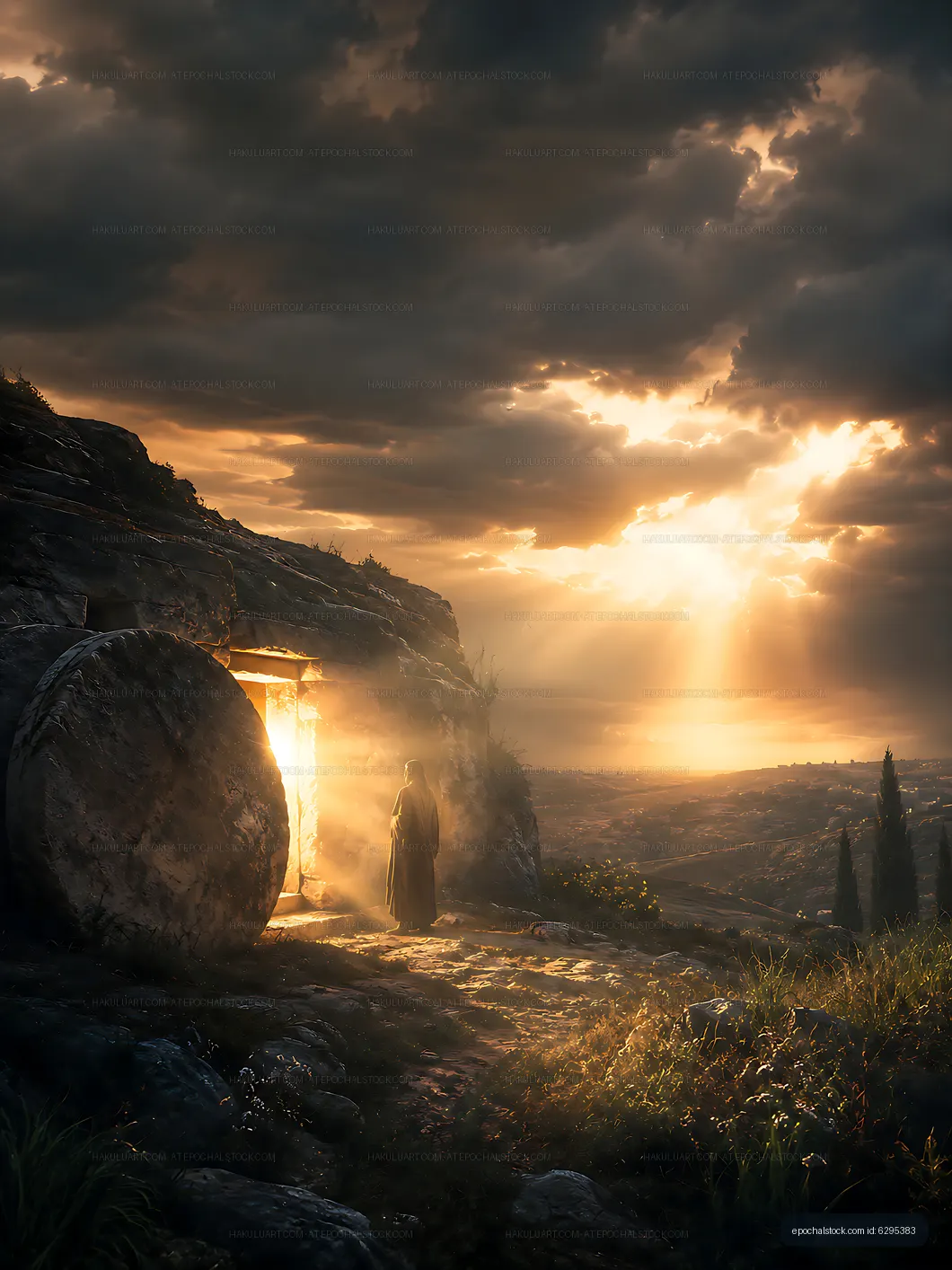 Light breaking through the entrance of a cave at sunset
