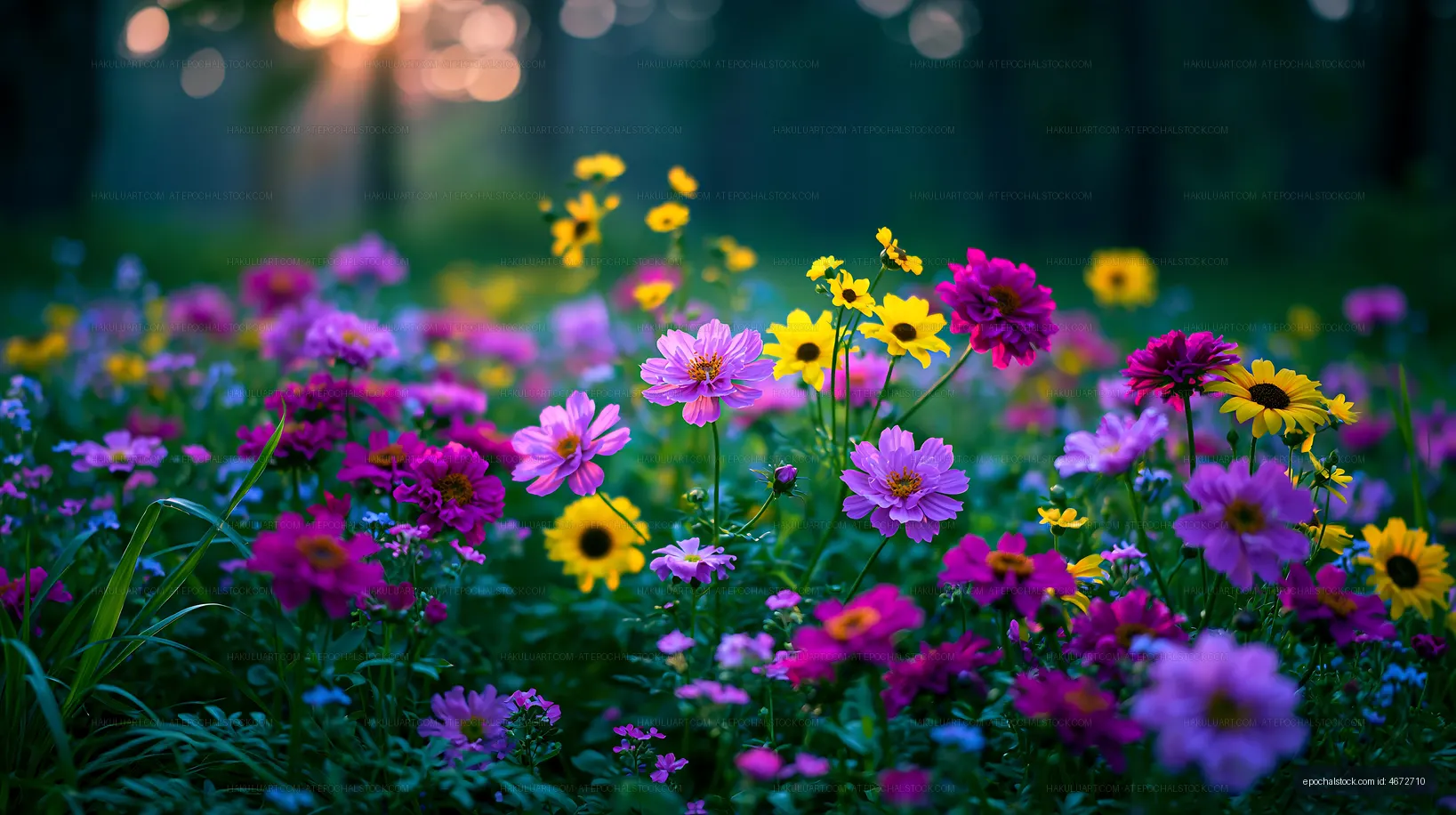 Colorful flowers bloom in a park during sunset