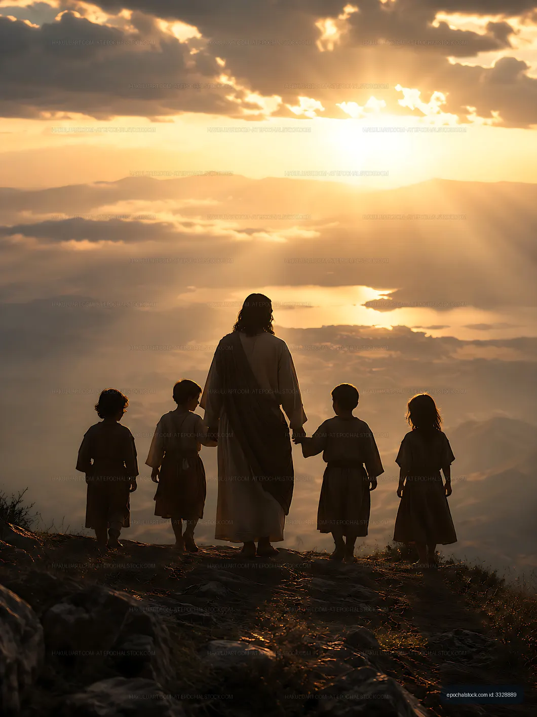 Jesus walking with children at sunset on a mountain