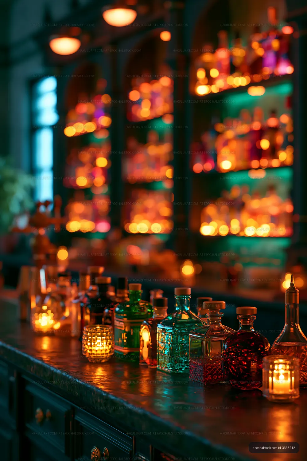 Colorful liquor bottles on a bar with glowing candles in background