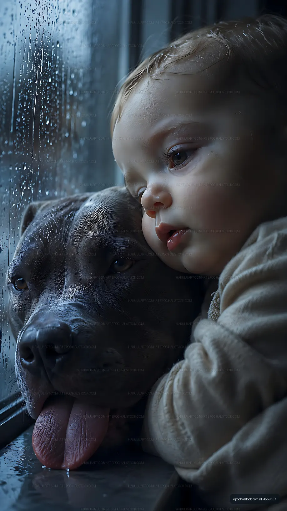 Child and dog look out a rainy window together