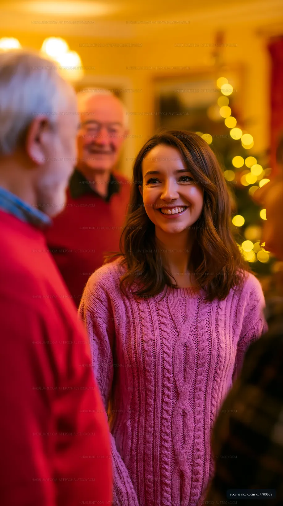 Friends gather at a holiday party with smiling faces