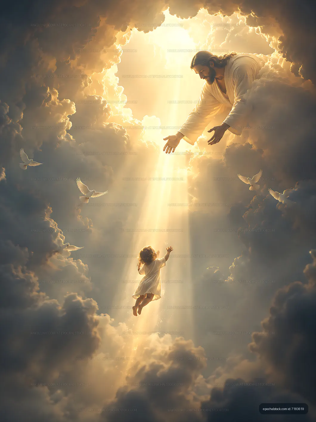 Heavenly scene of a figure reaching towards light from the clouds