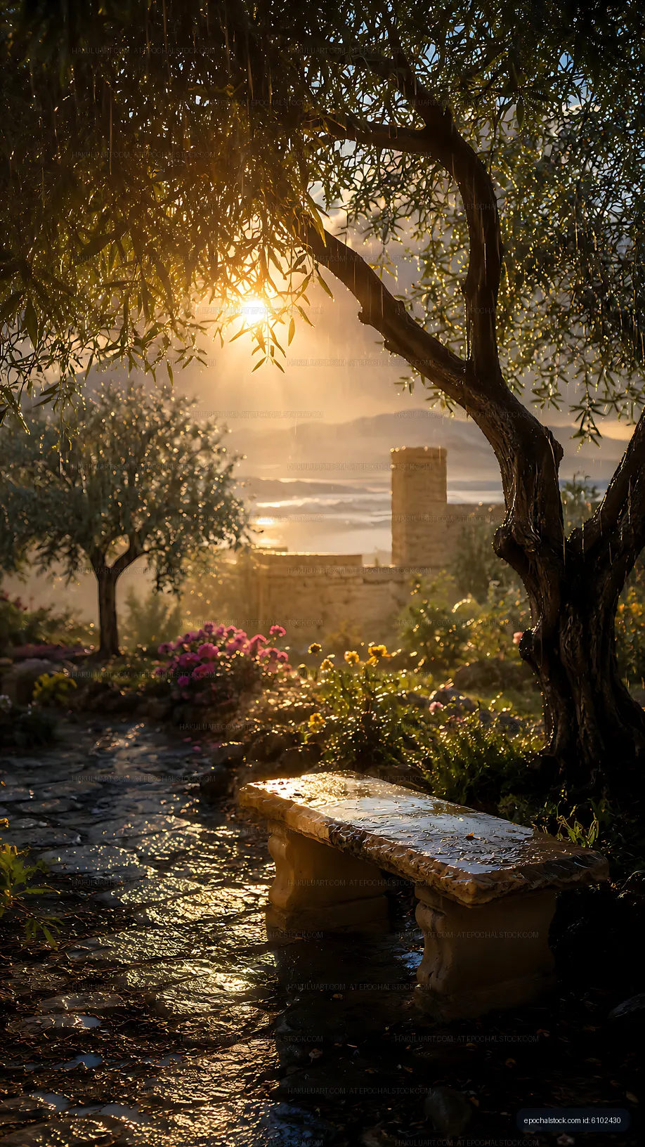Sunset over garden with bench and olive trees