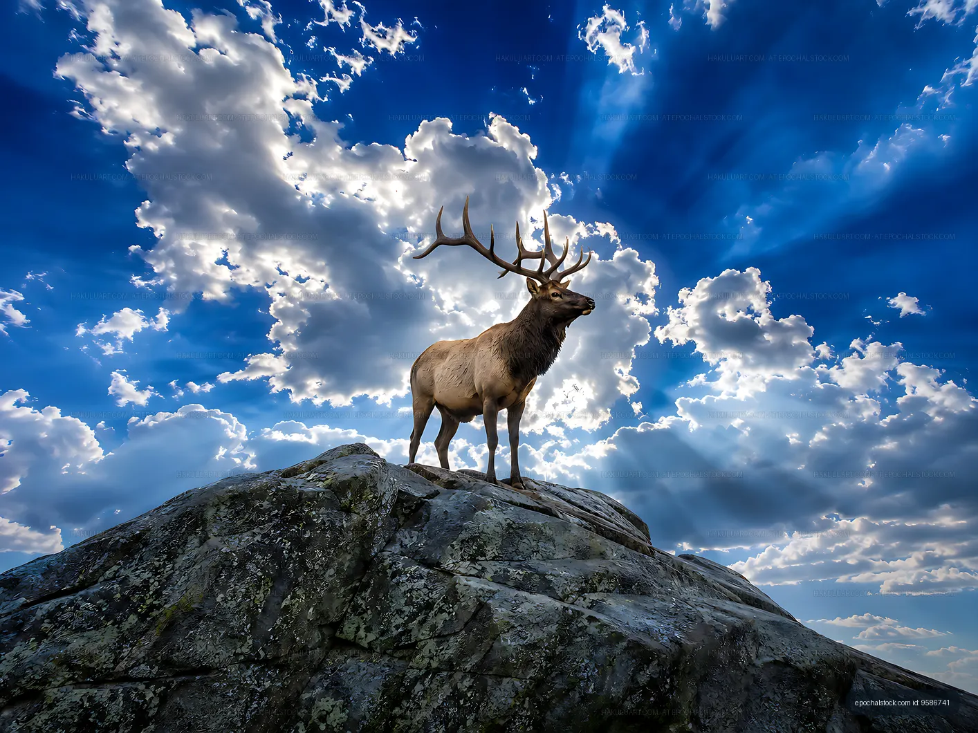 Elk standing on a rock under a blue sky with clouds
