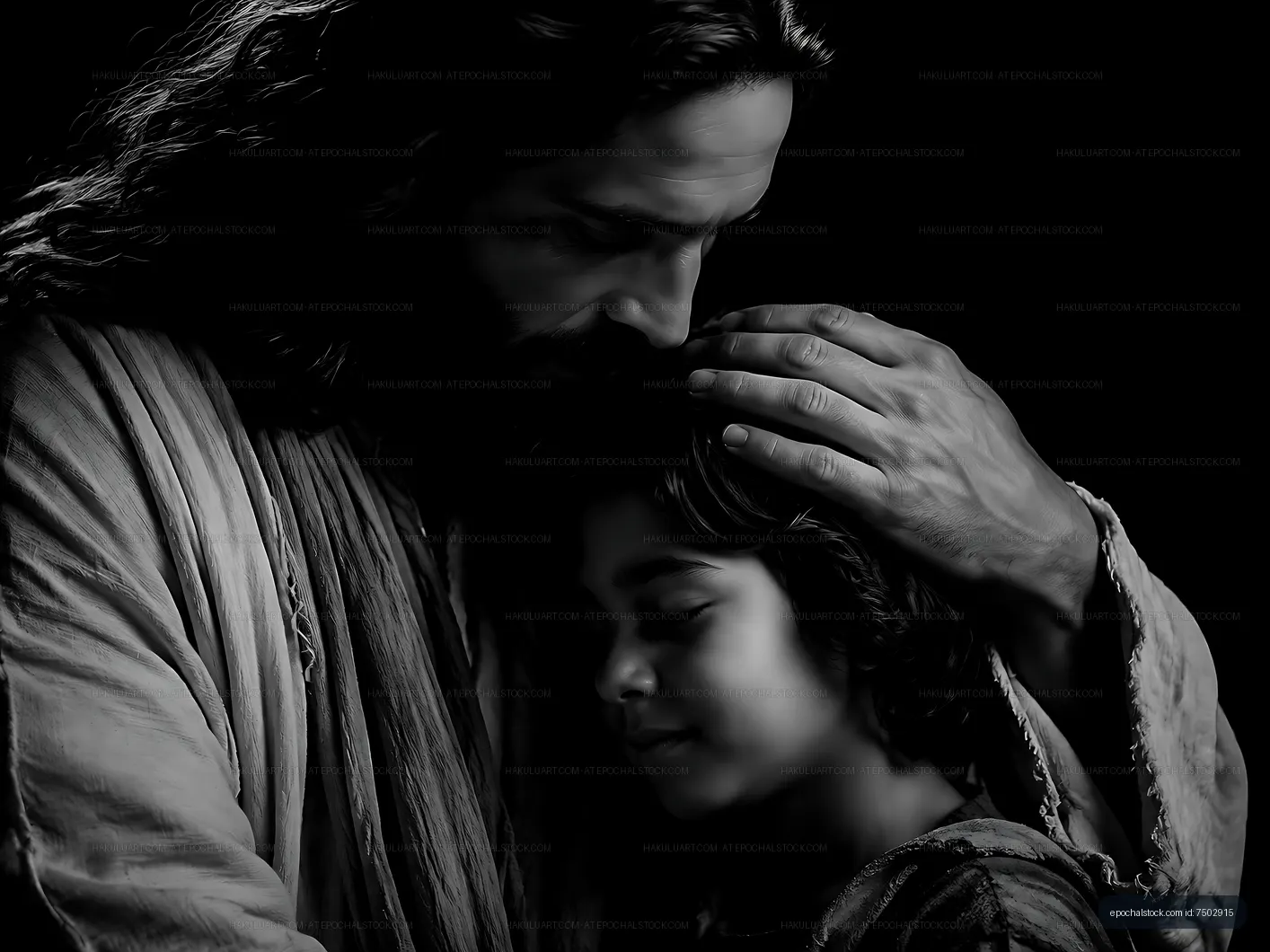 Emotional moment between a man and a child in black and white