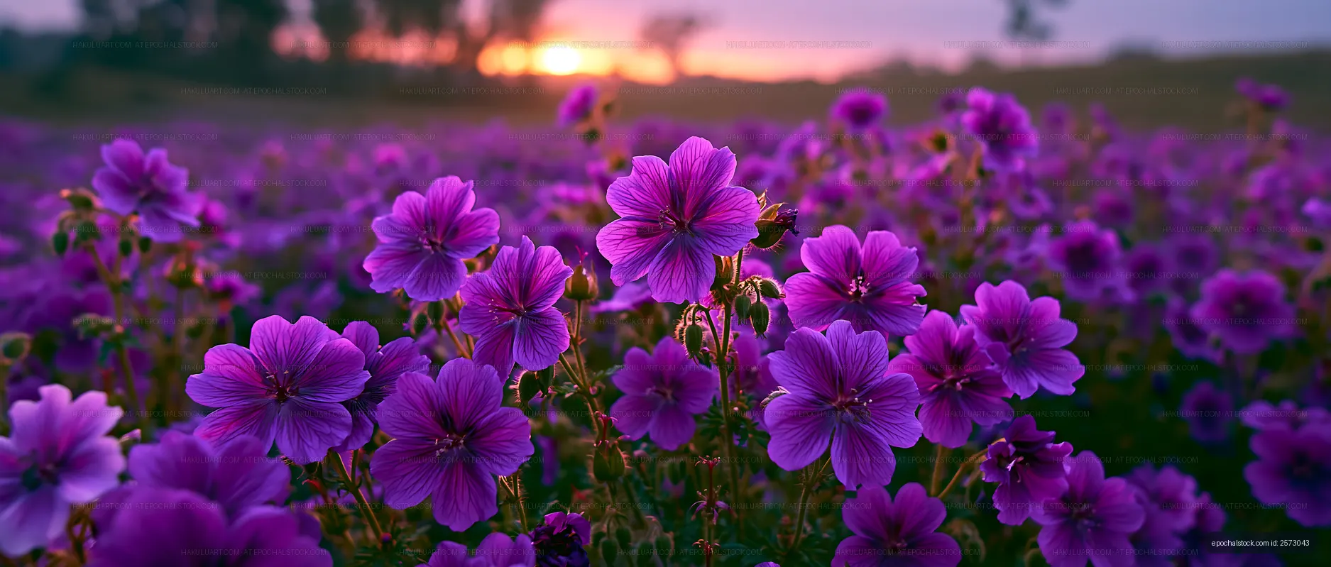 Purple flowers blooming in a field at sunset