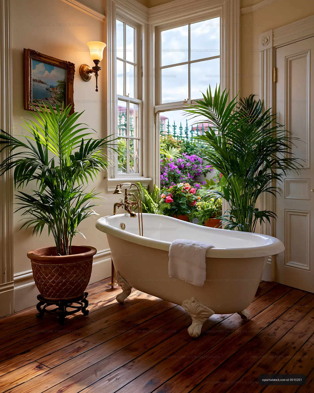 Comfortable bathroom with plants and a vintage bathtub