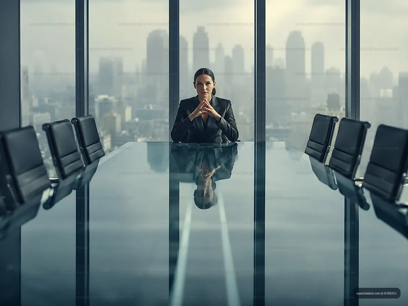 Woman sitting at a large conference table in a cityscape