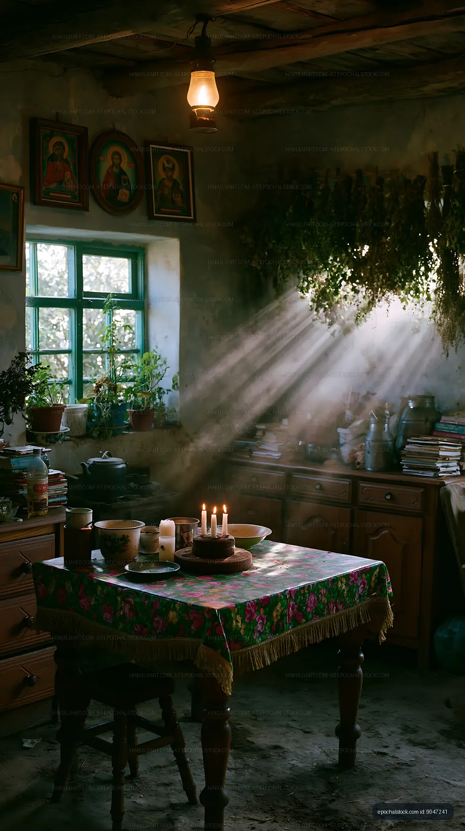 Sunlight streaming through window in rustic kitchen with candles