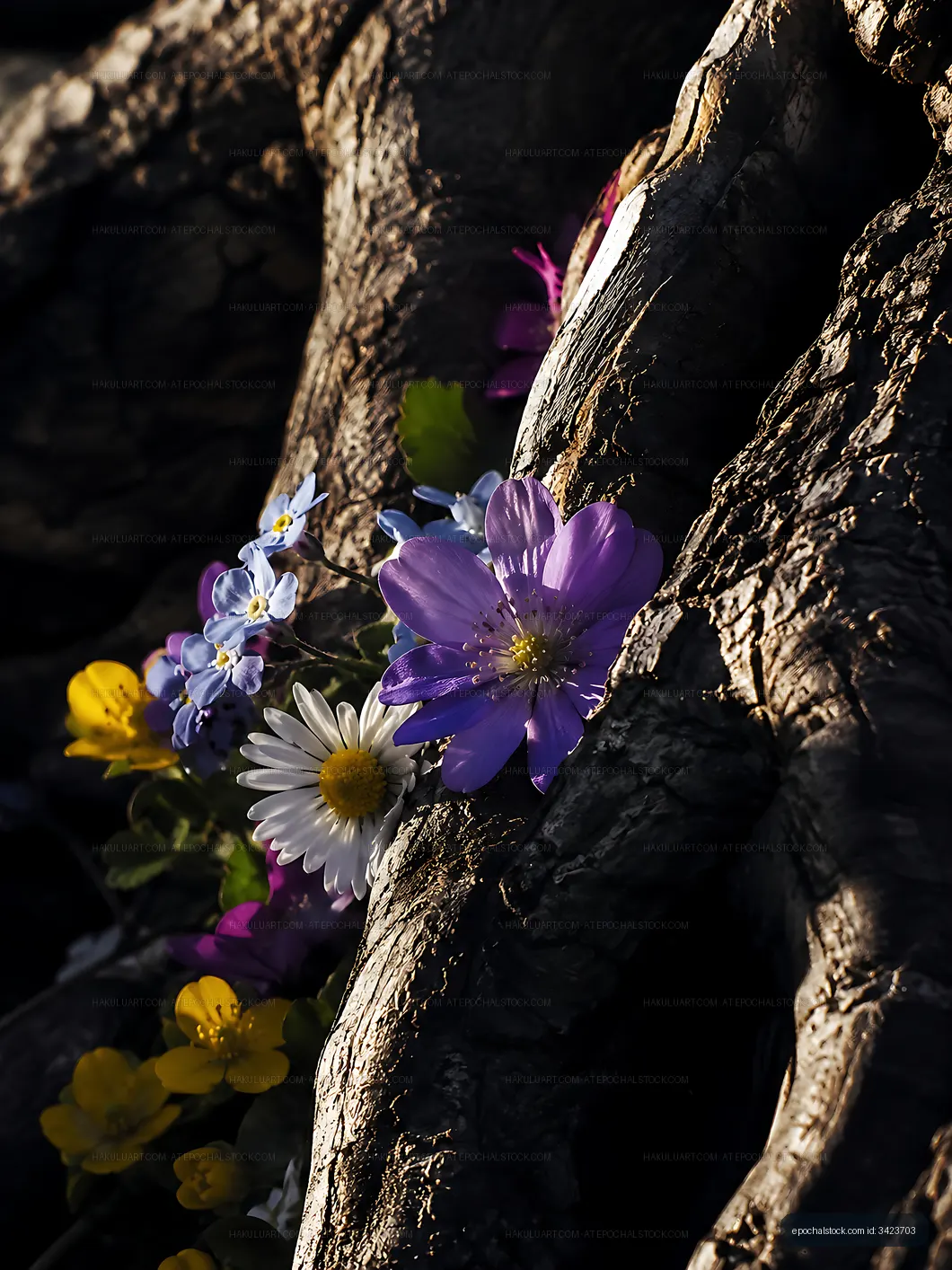 Flowers growing on tree roots in sunlight