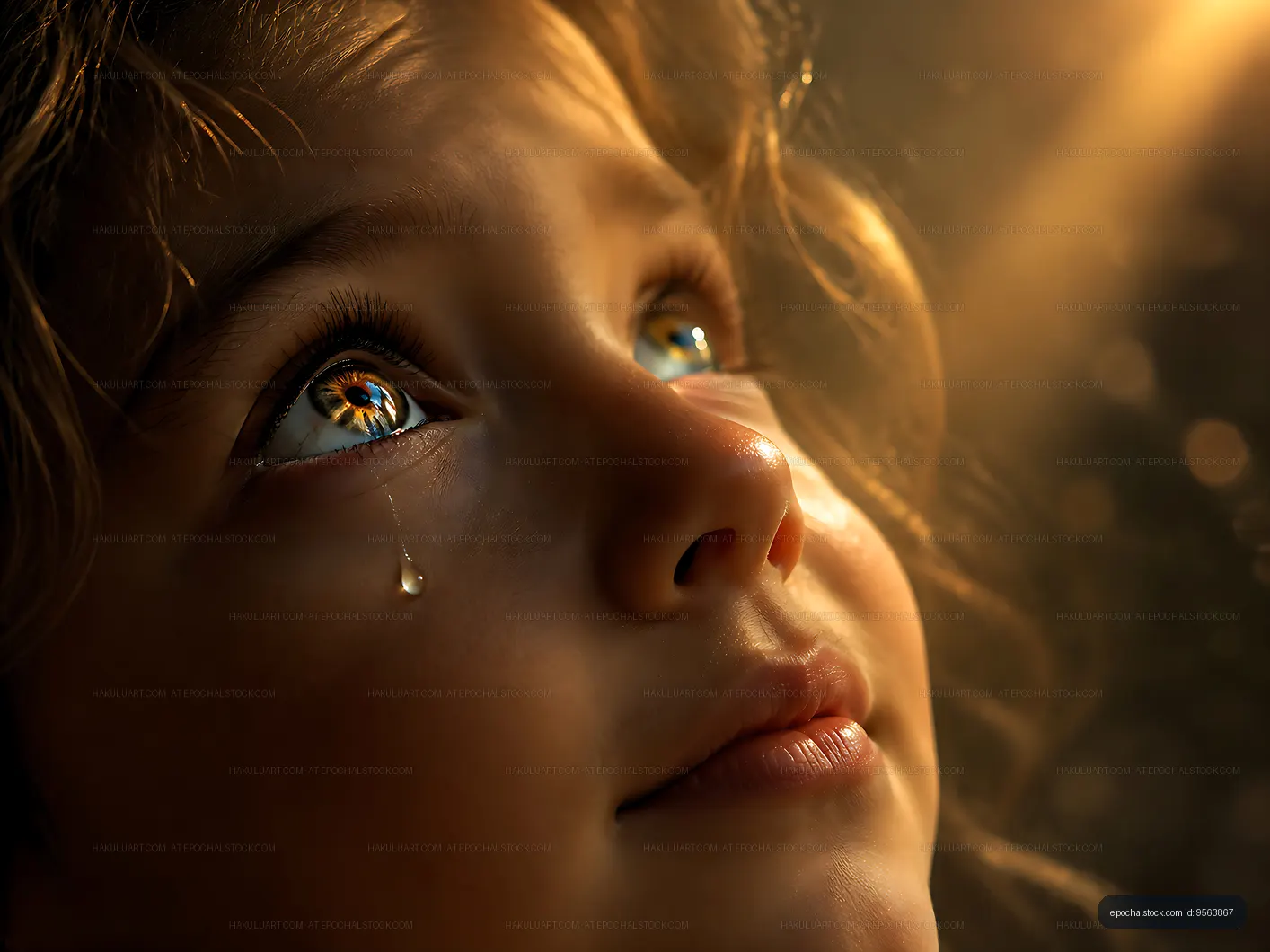 Child gazing upward with a tear in bright light