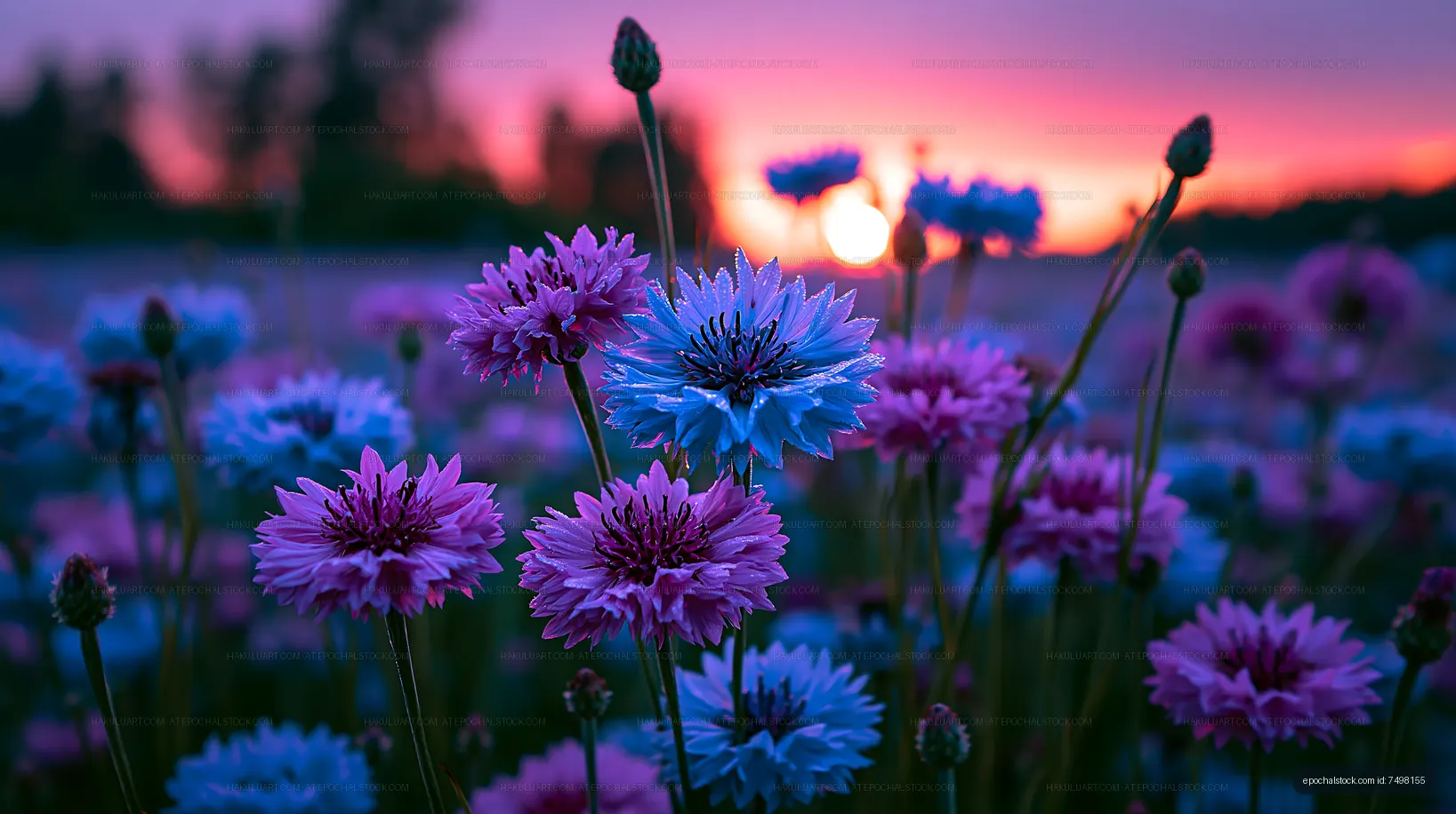 Sunset over a field of colorful flowers in bloom