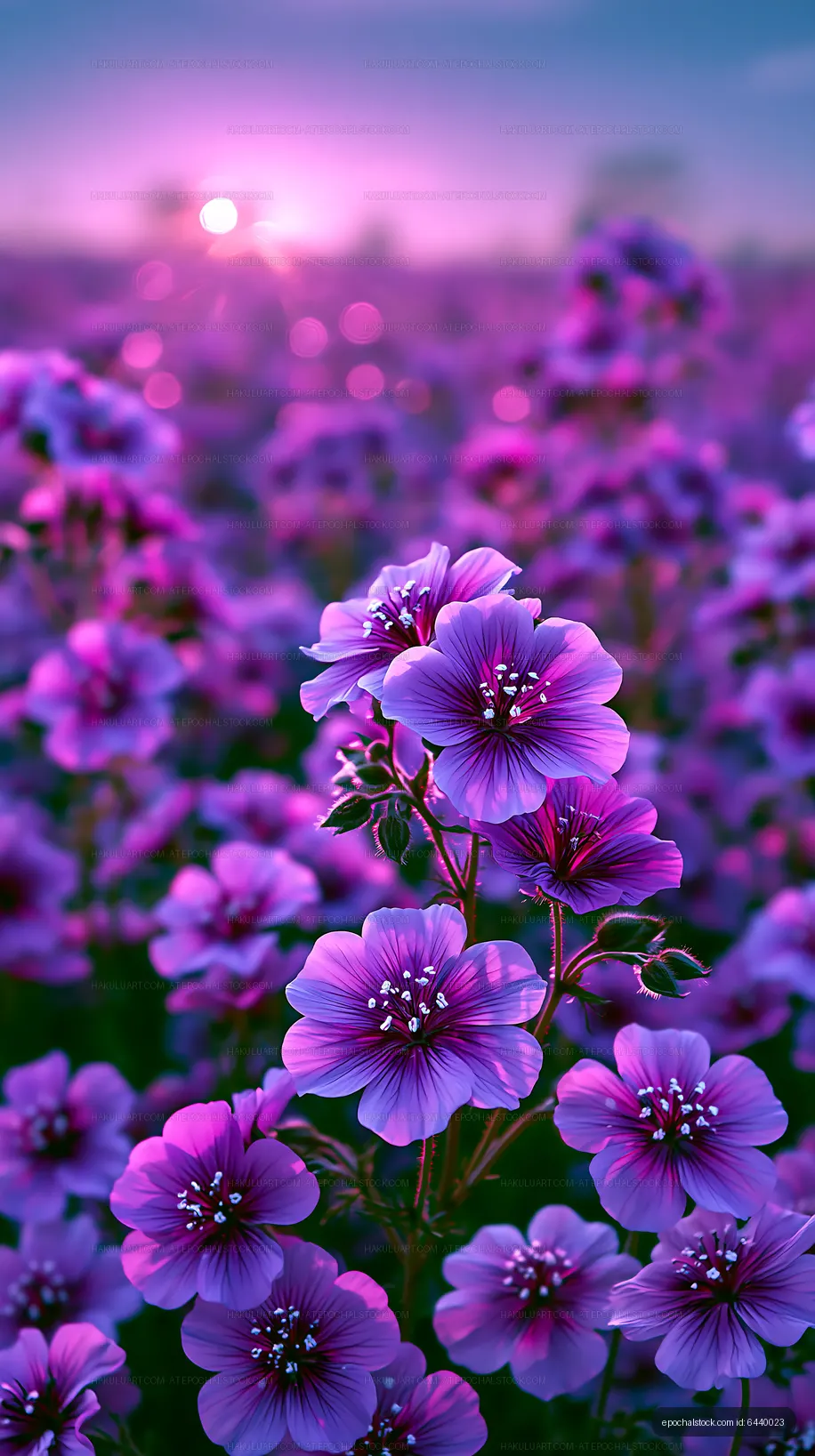 Purple flowers blooming in a field during sunset