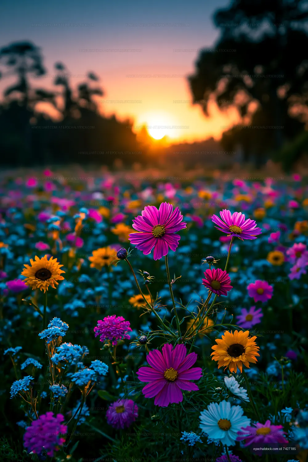 Colorful flowers blooming at sunset in a field