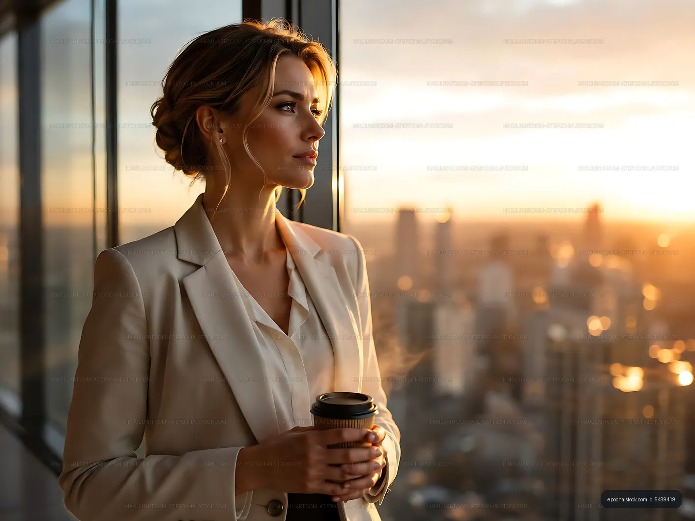 Businesswoman enjoying morning coffee with city view