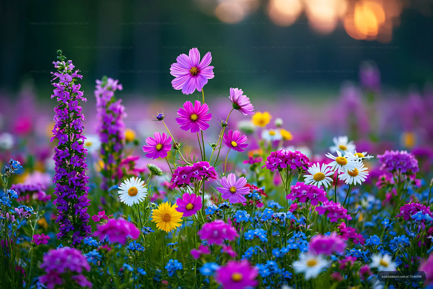 Colorful flowers in a field during sunset