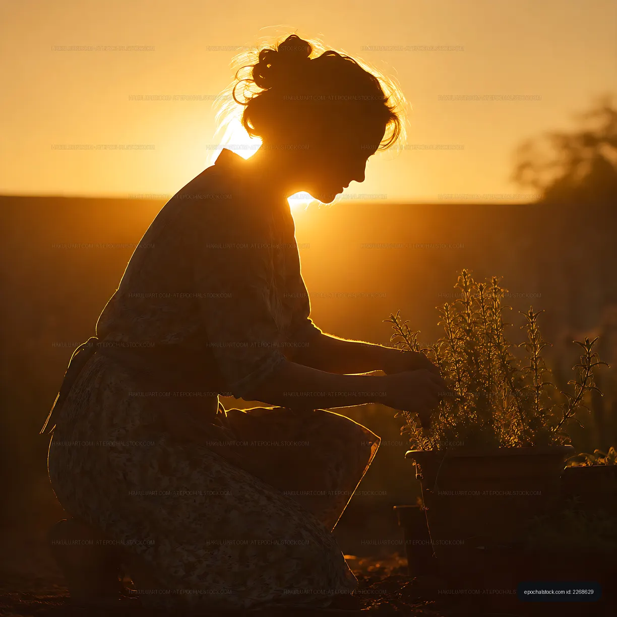 Gardener working at sunset in a scenic outdoor location