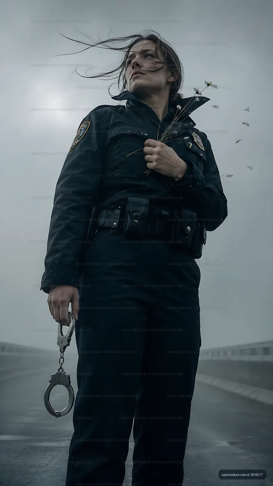 Woman police officer stands on a road holding handcuffs and flowers