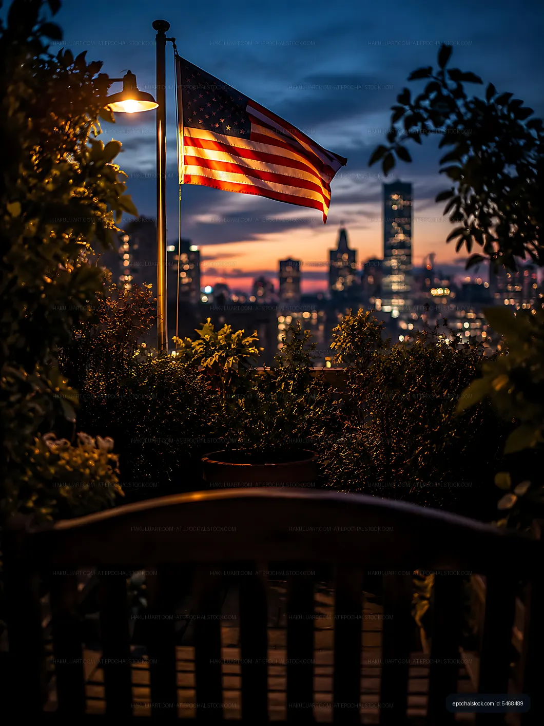 Sunset view with American flag in urban garden setting