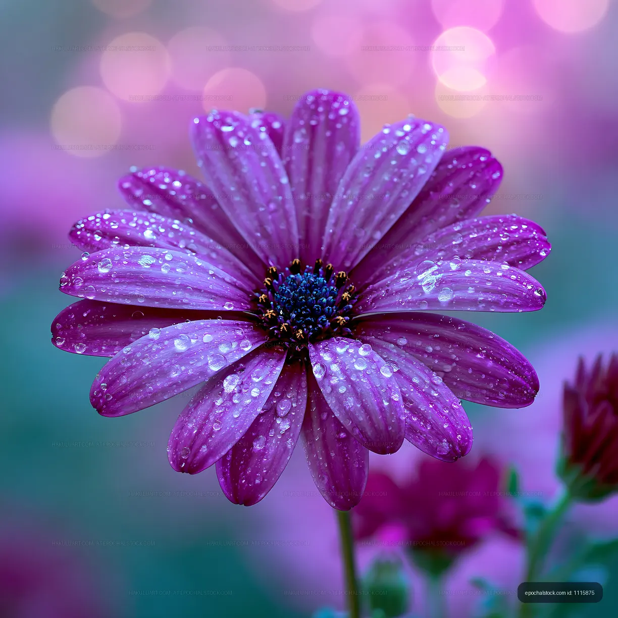 Purple flower with water droplets against a blurred background