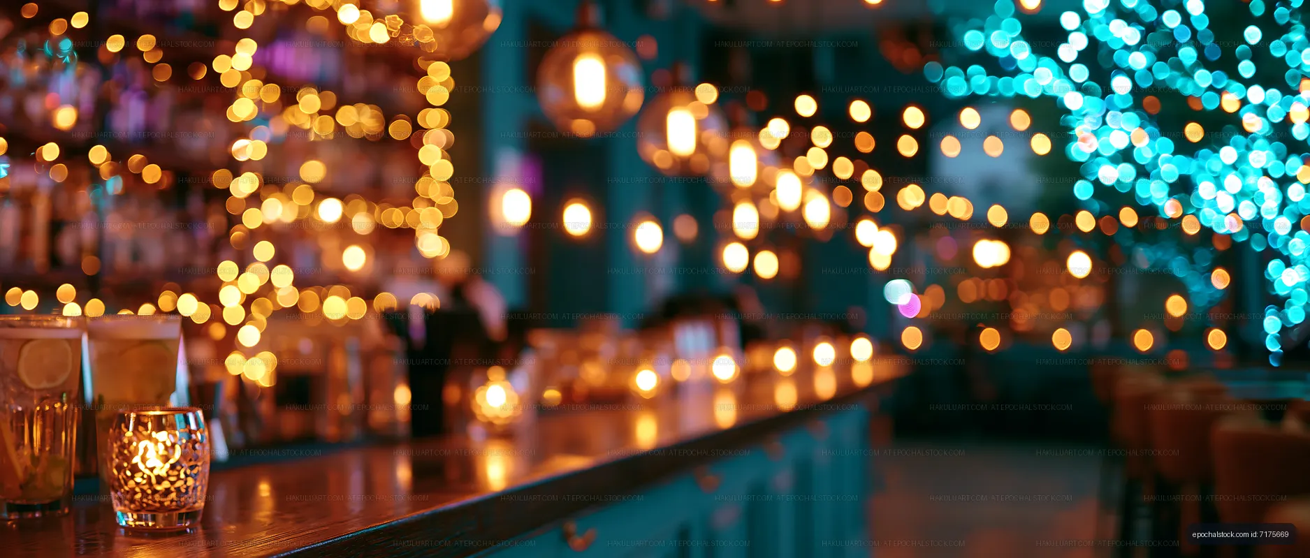 Bar scene with warm lights and drinks on counter