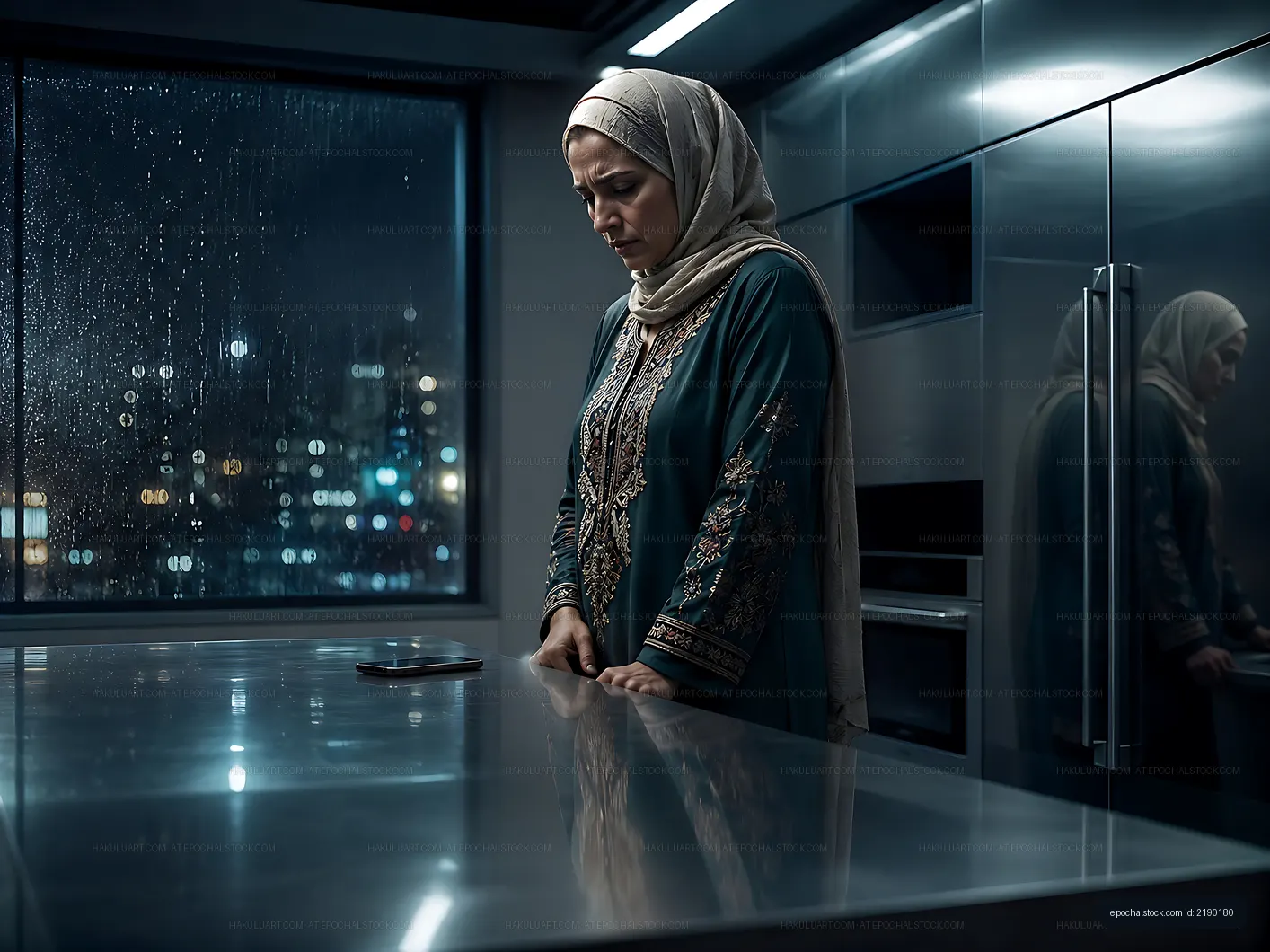 Woman standing alone in kitchen at night looking at phone