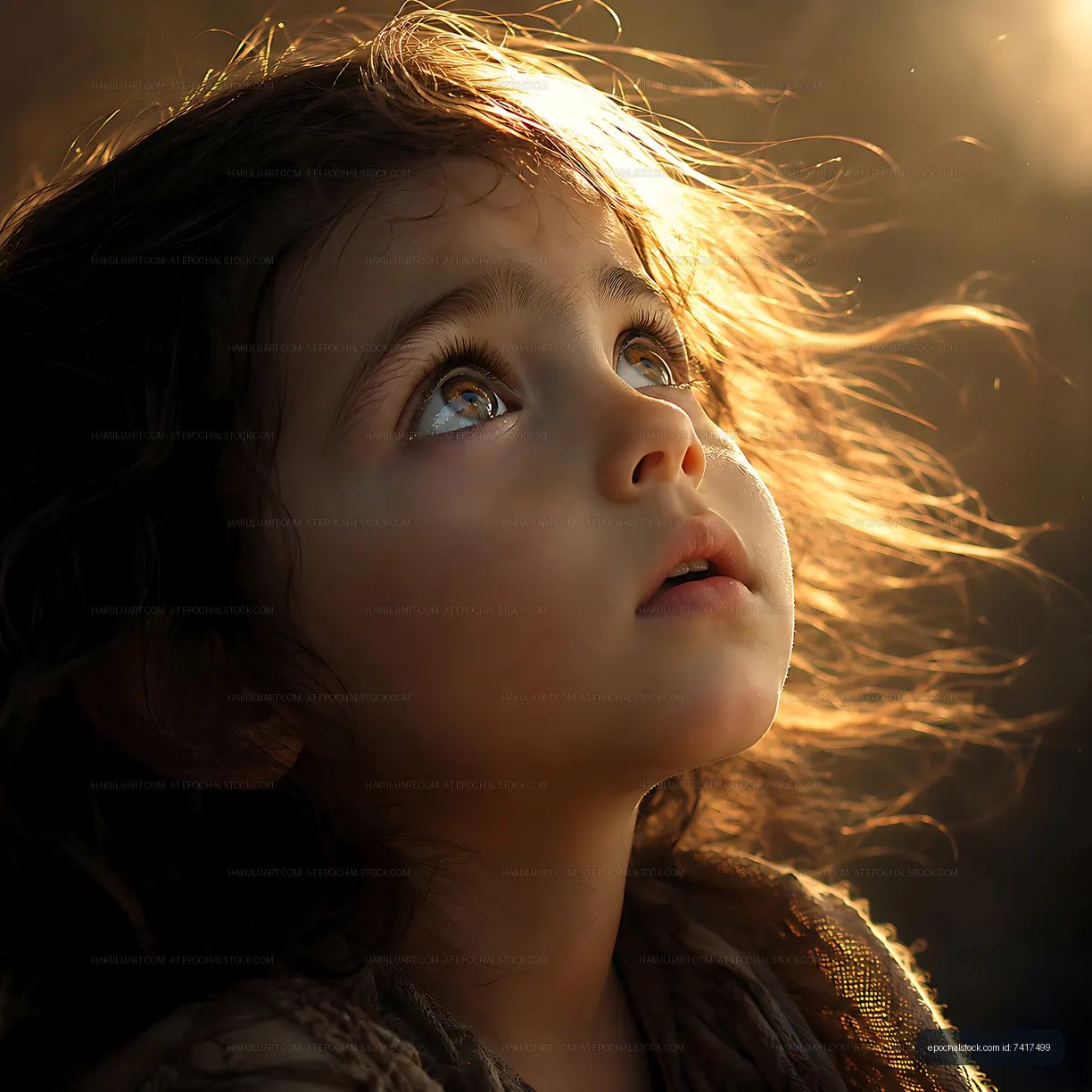 Young girl looking up with sunlight shining through her hair