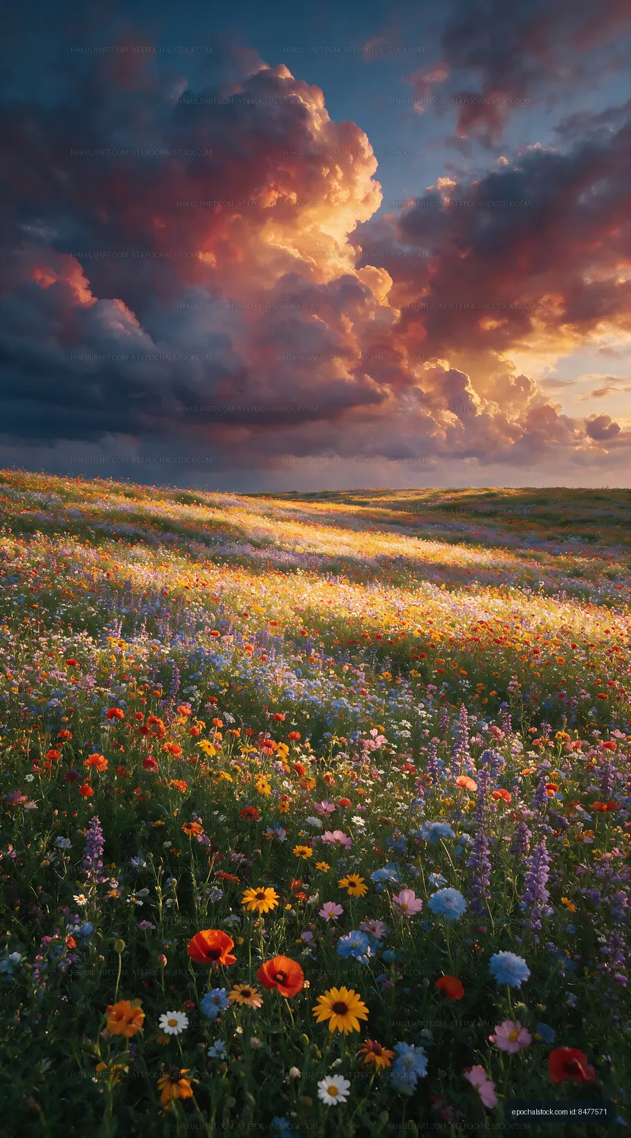 Colorful wildflower field under dramatic sky at sunset