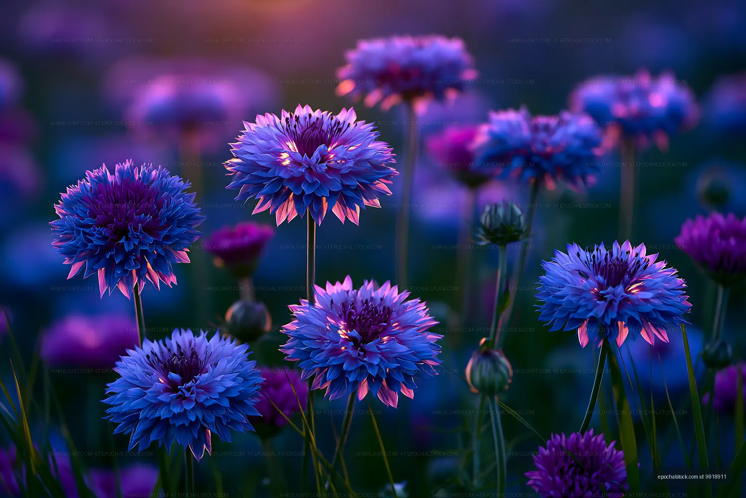 Colorful flowers blooming in a garden at sunset