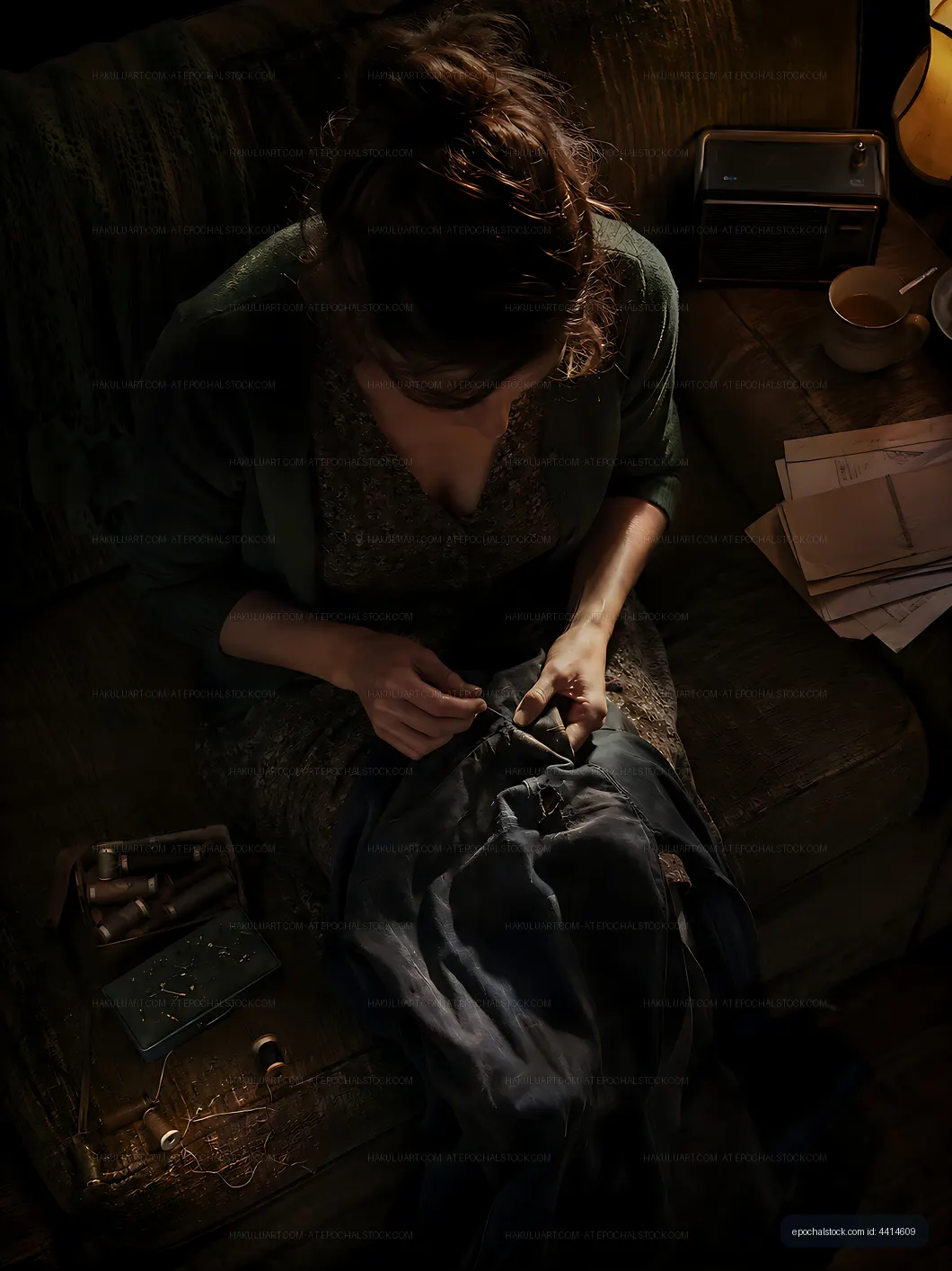 Woman sewing on a couch with thread and tools nearby