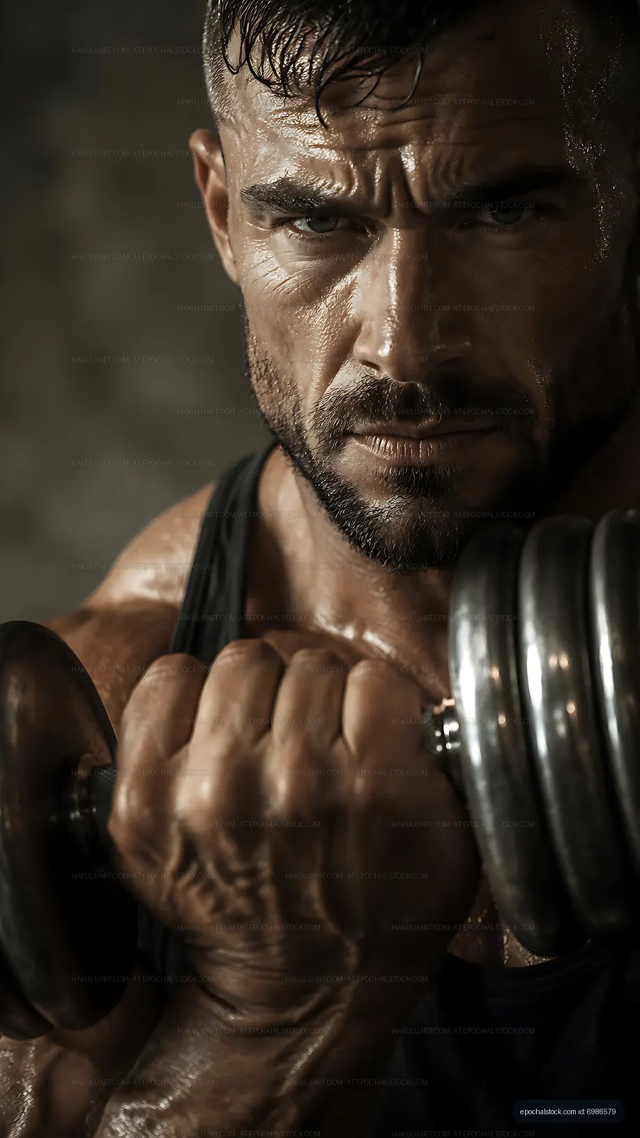 Muscular man lifting dumbbell in a gym