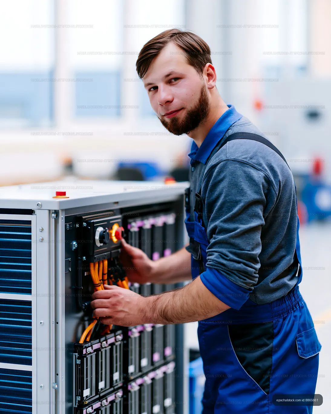 Worker handling equipment in a factory setting