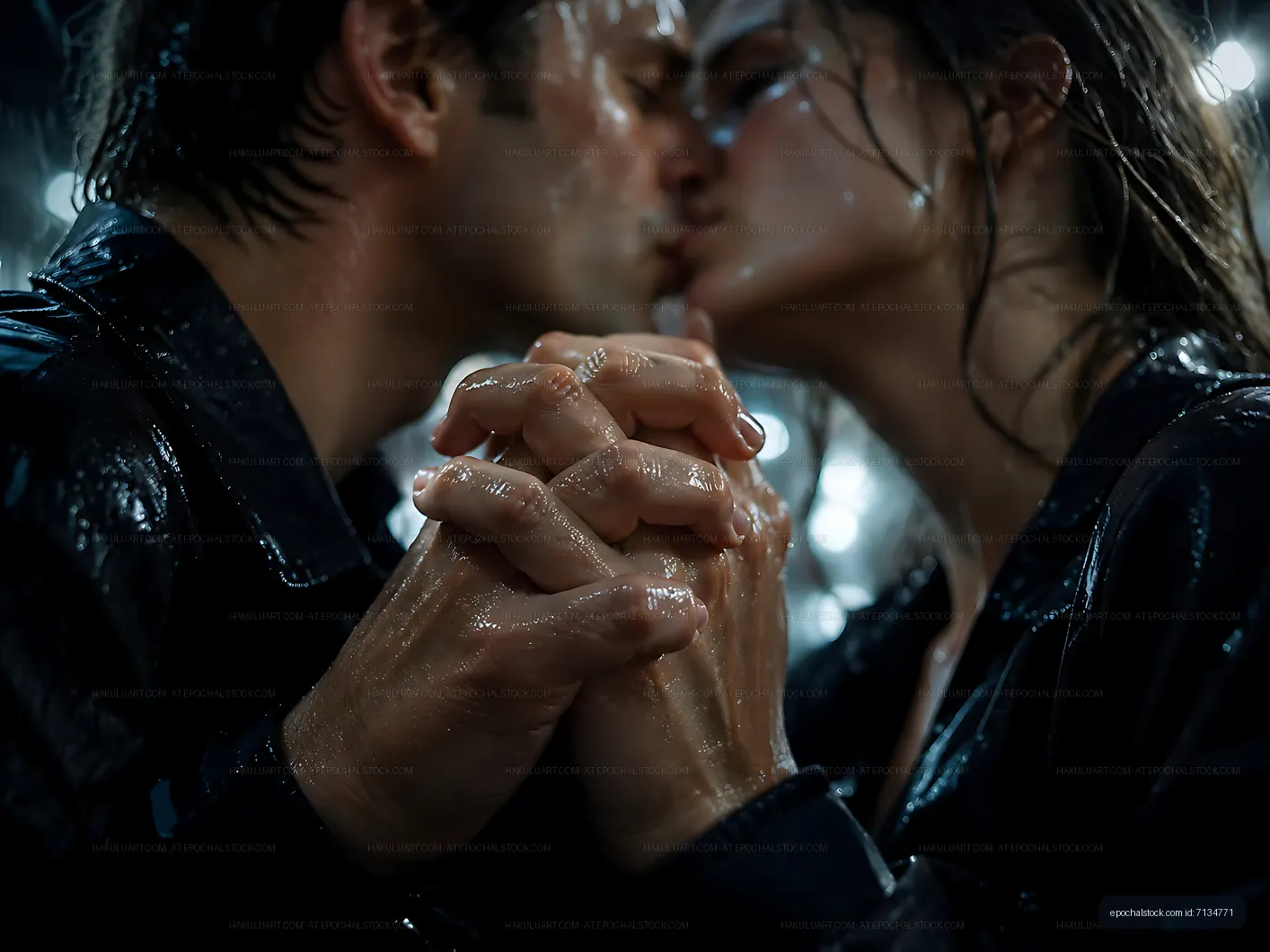 Couple kissing in the rain while holding hands