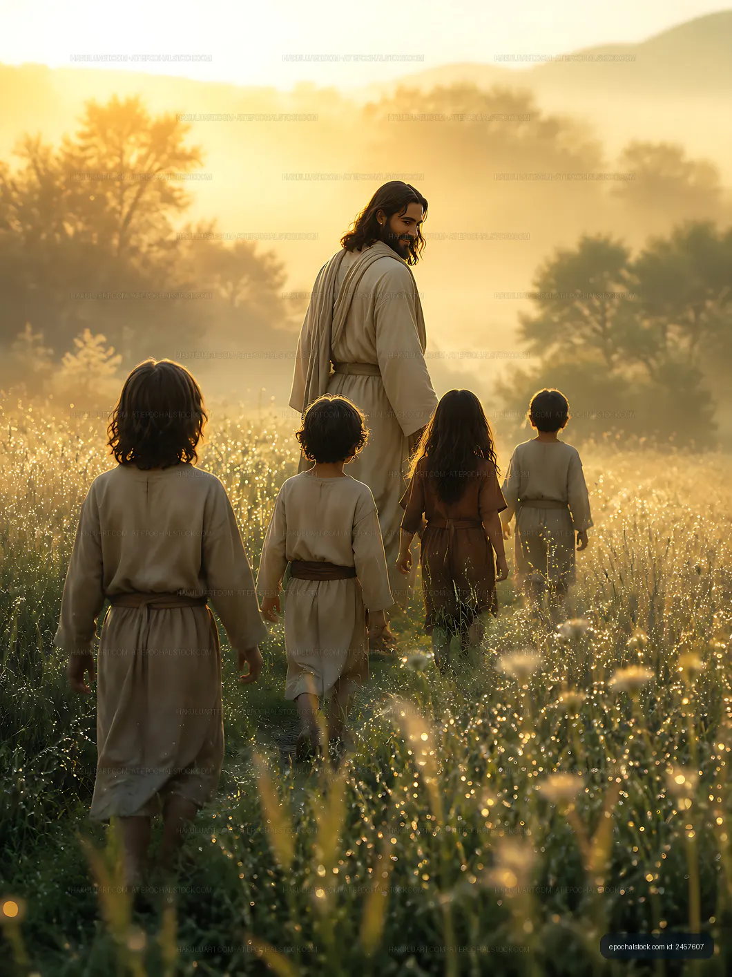 Walking through a misty field with children during sunrise