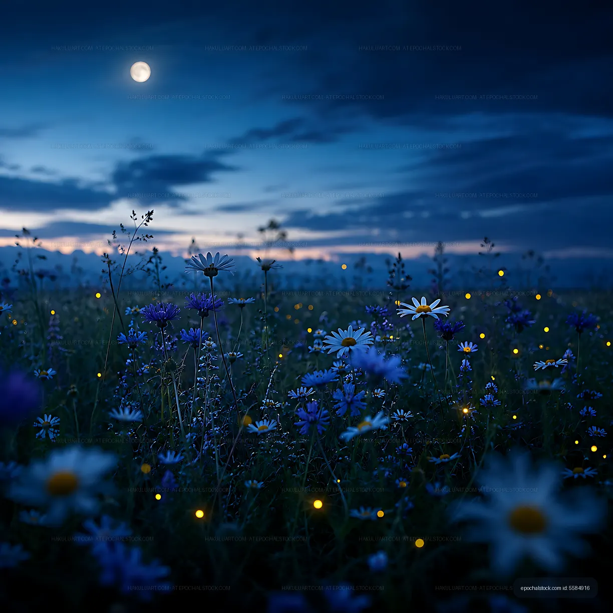 Nighttime field with glowing fireflies and wildflowers