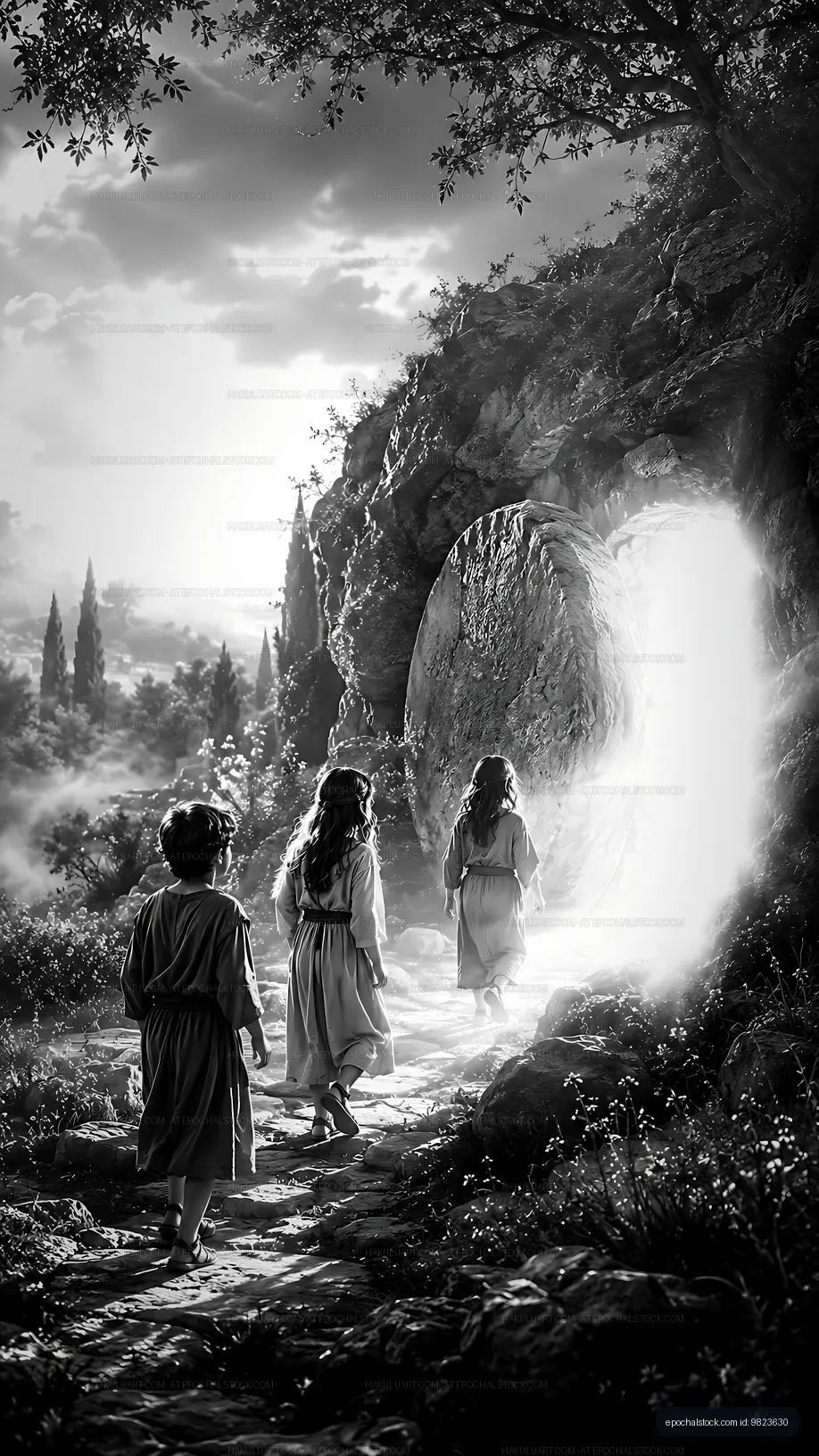 Children walking toward a large stone entrance in a wooded area